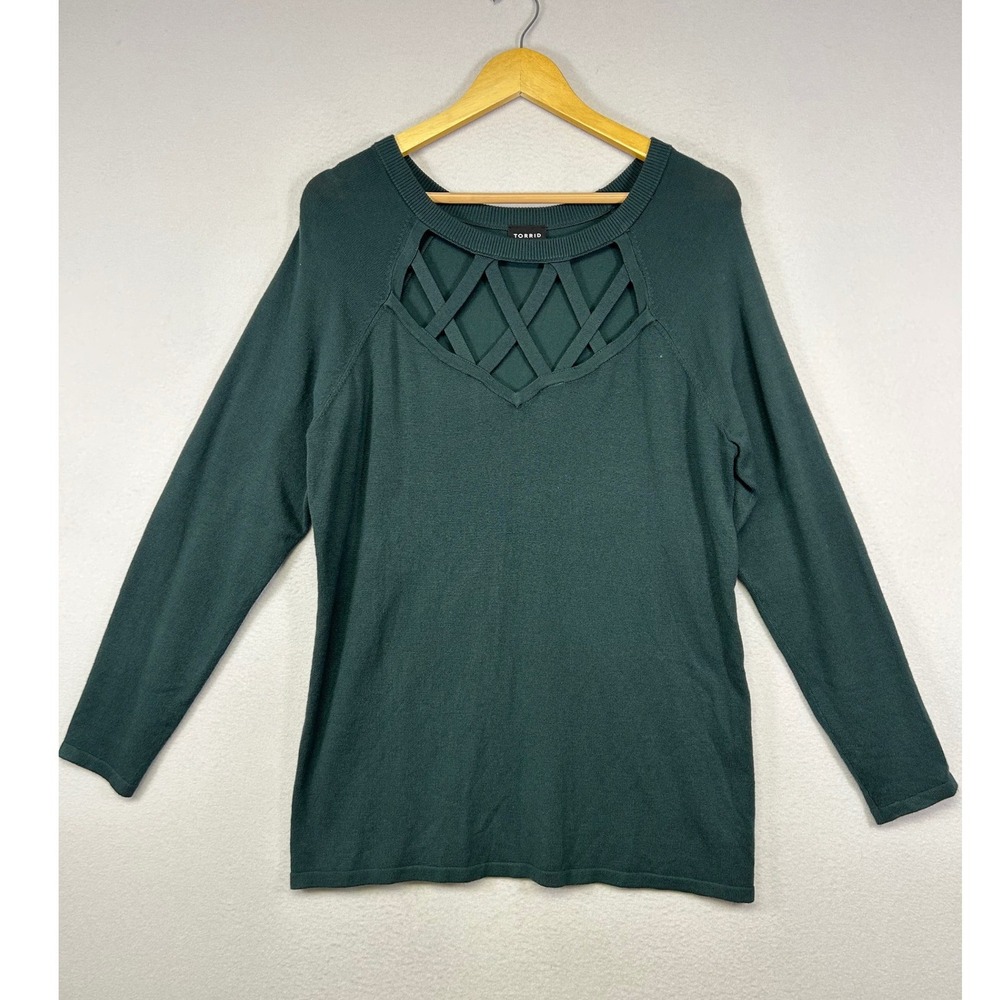 Witchy Torrid Women 1 Green Lattice Cutout Raglan Long Sleeve Knit Sweater
